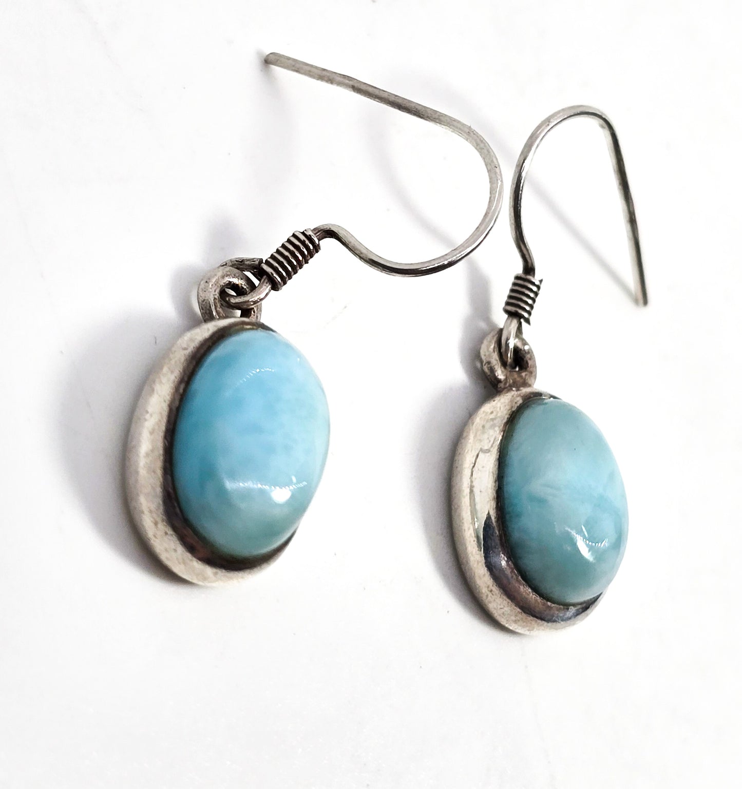 Larimar light blue gemstone oval sterling silver vintage drop earrings