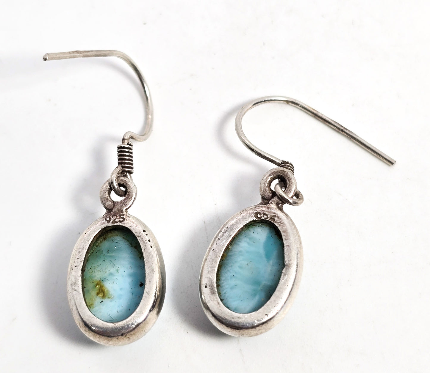 Larimar light blue gemstone oval sterling silver vintage drop earrings