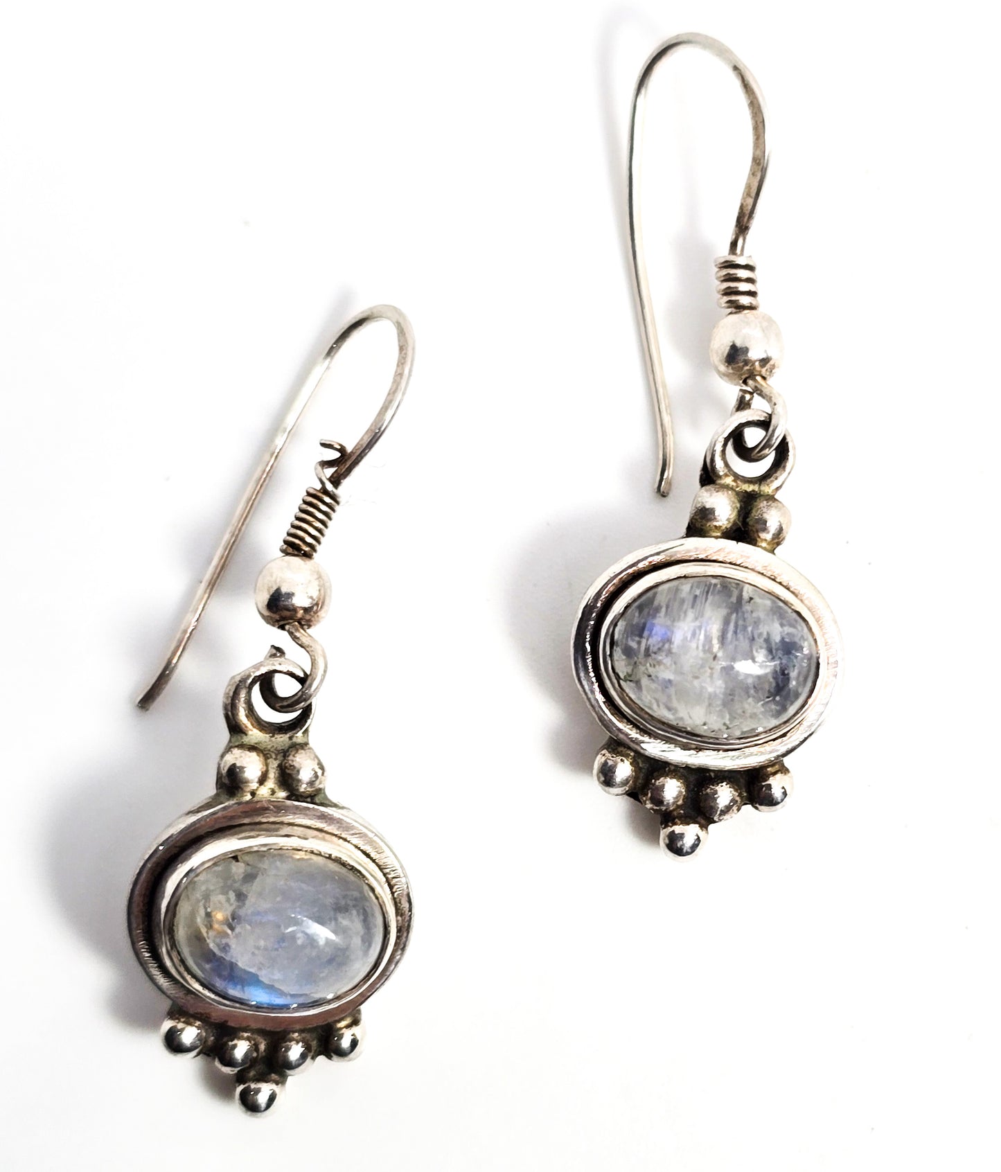 Blue moonstone gemstone tribal Balinese style sterling silver drop earrings