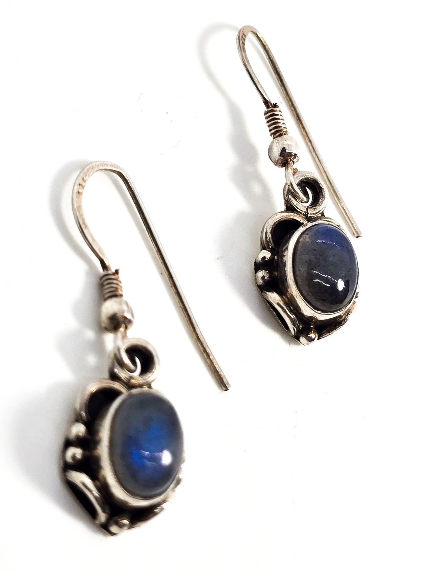 Labradorite gemstone drop Bali Balinese sterling silver vintage earrings