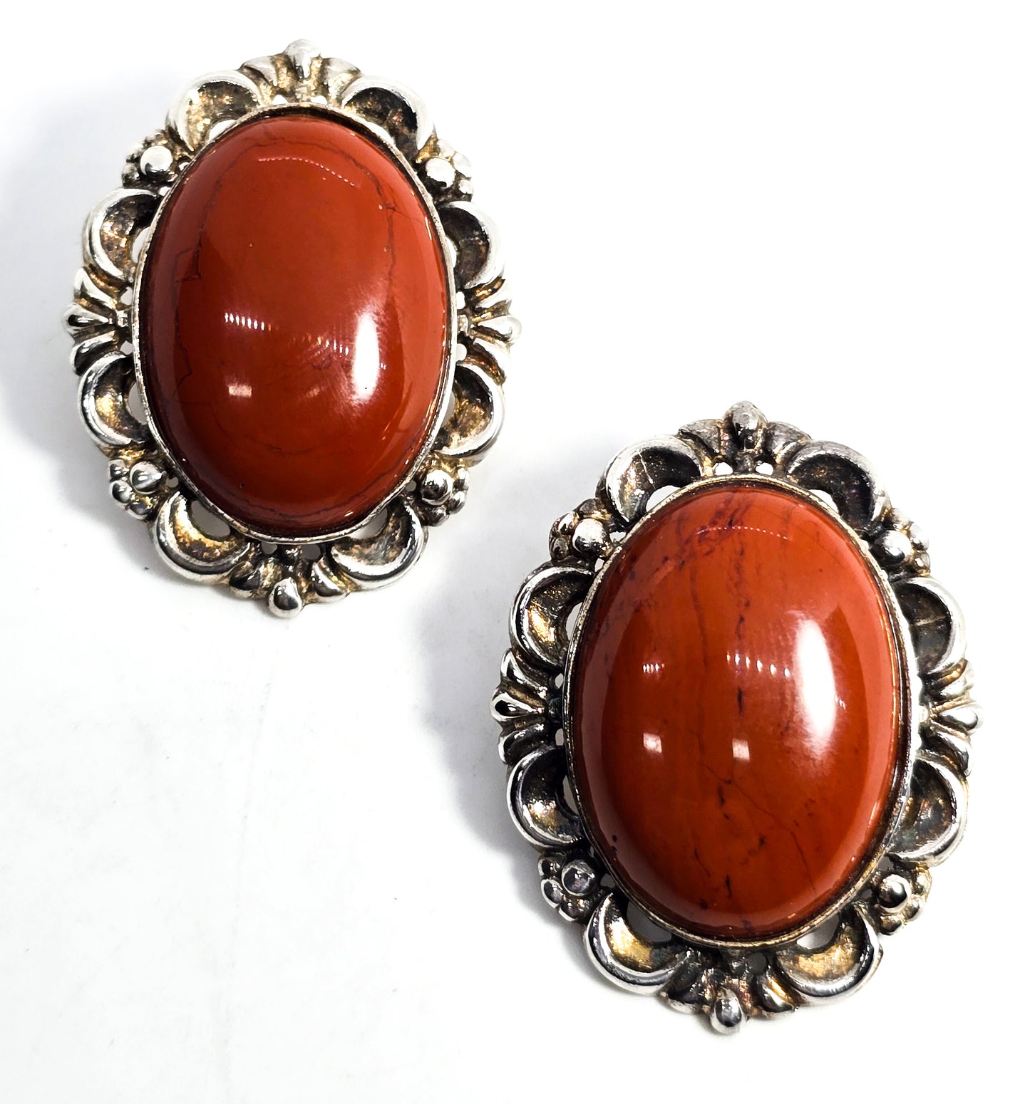 Red Jasper sterling silver large signed designer sterling silver post earrings