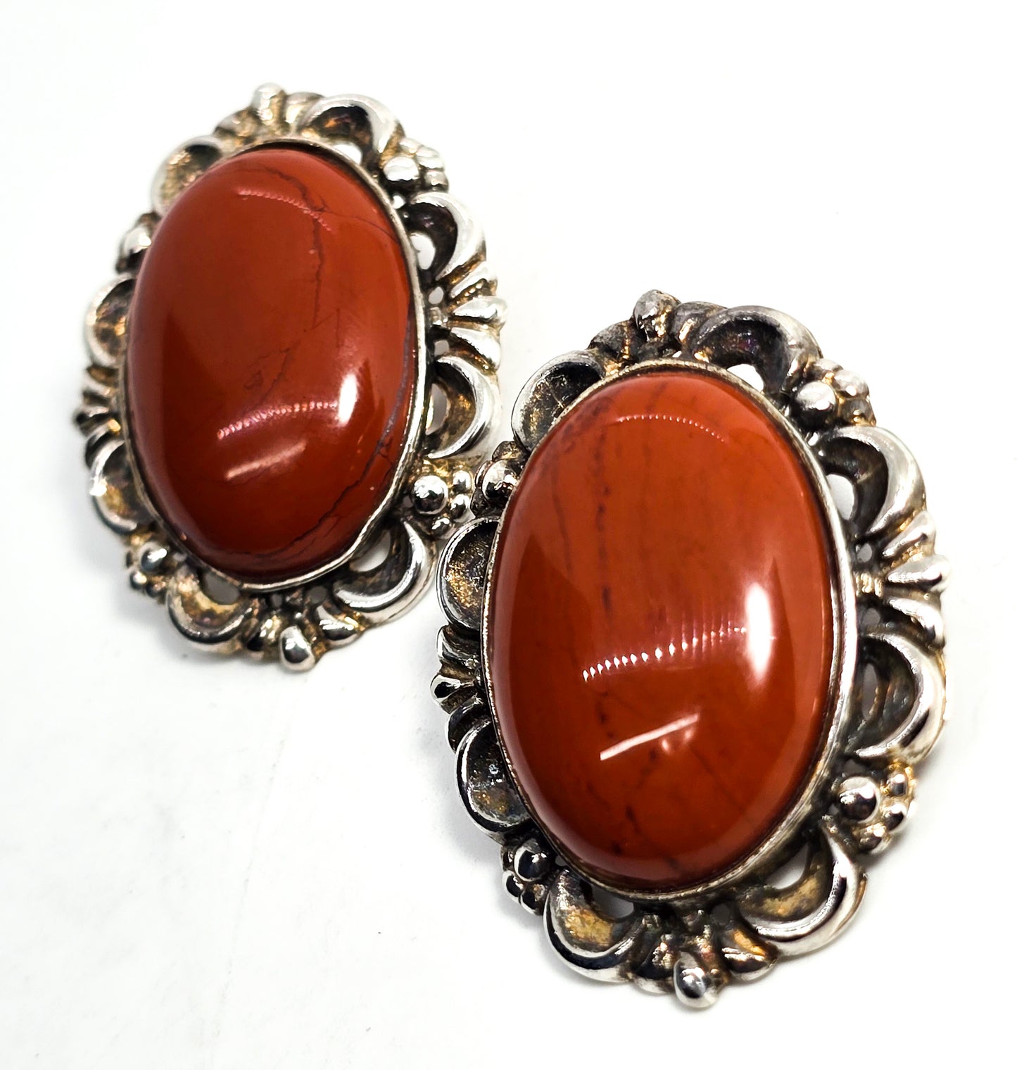 Red Jasper sterling silver large signed designer sterling silver post earrings