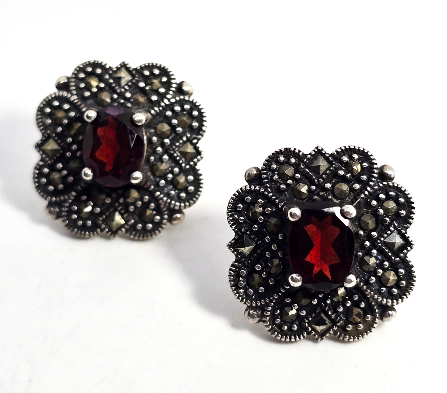 Red Garnet and Marcasite Art Deco style sterling silver post vintage earrings