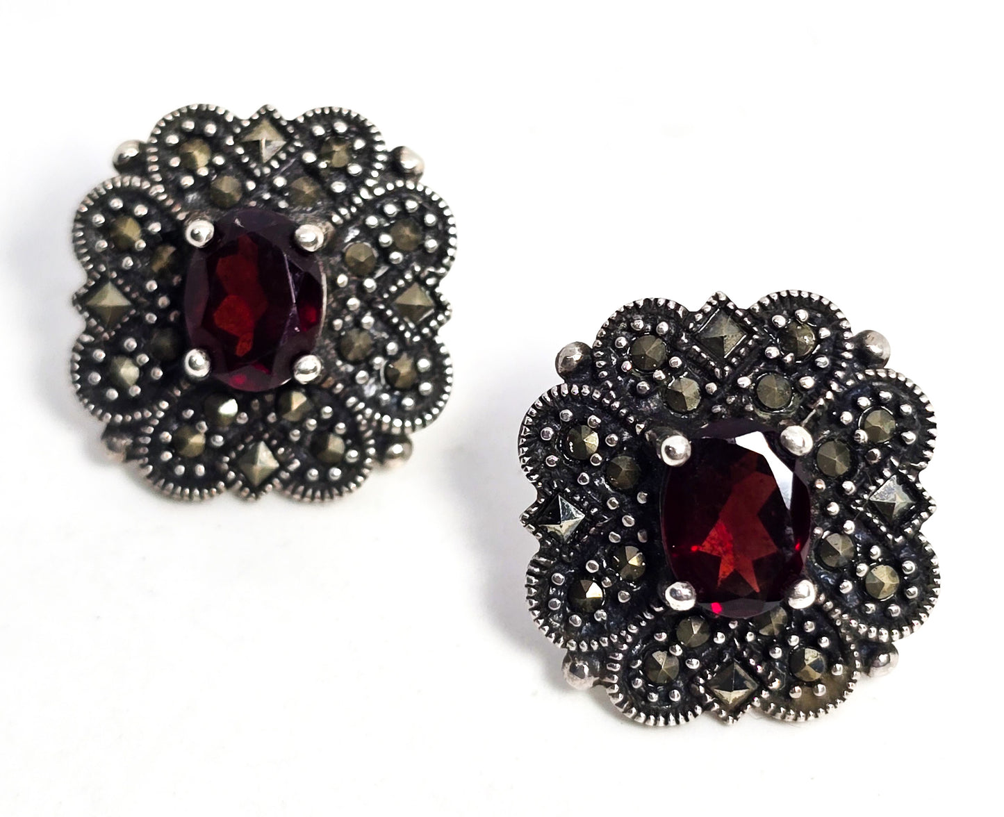 Red Garnet and Marcasite Art Deco style sterling silver post vintage earrings
