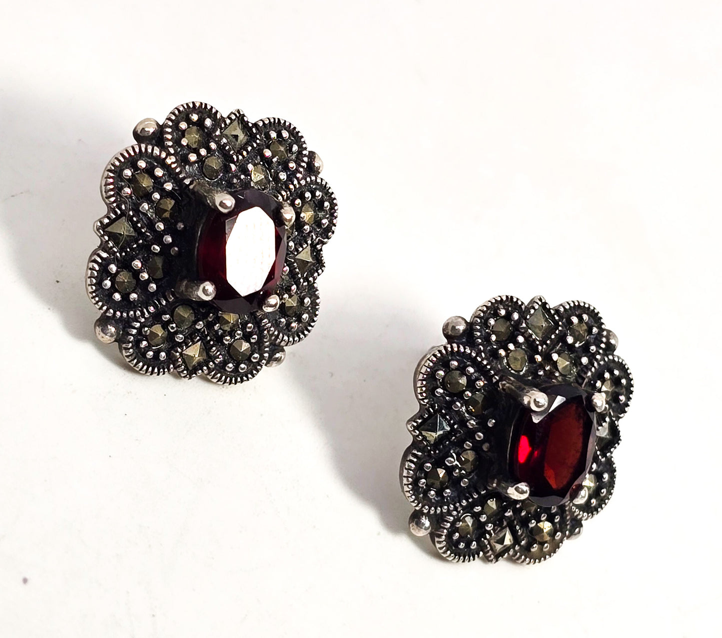 Red Garnet and Marcasite Art Deco style sterling silver post vintage earrings