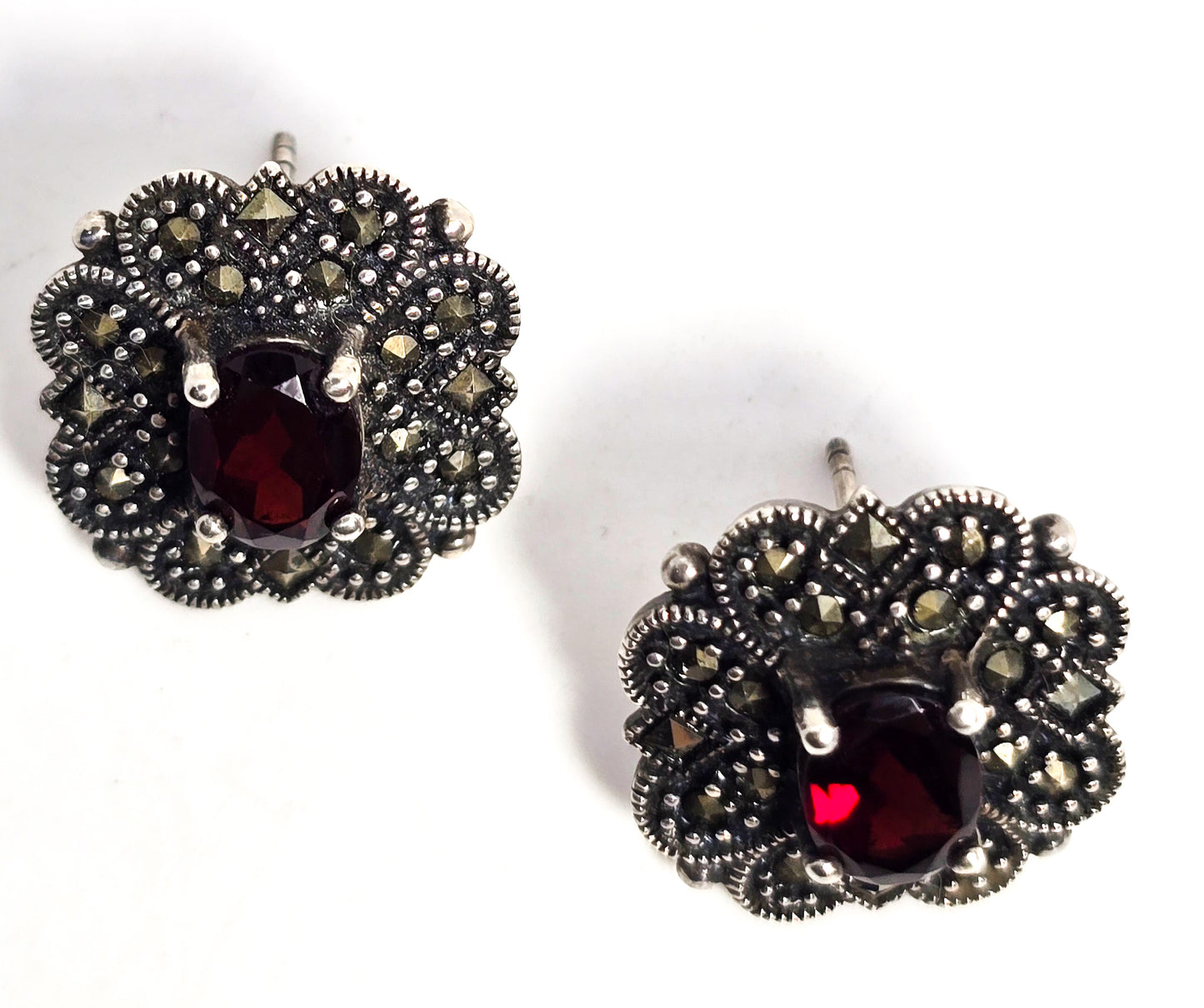 Red Garnet and Marcasite Art Deco style sterling silver post vintage earrings
