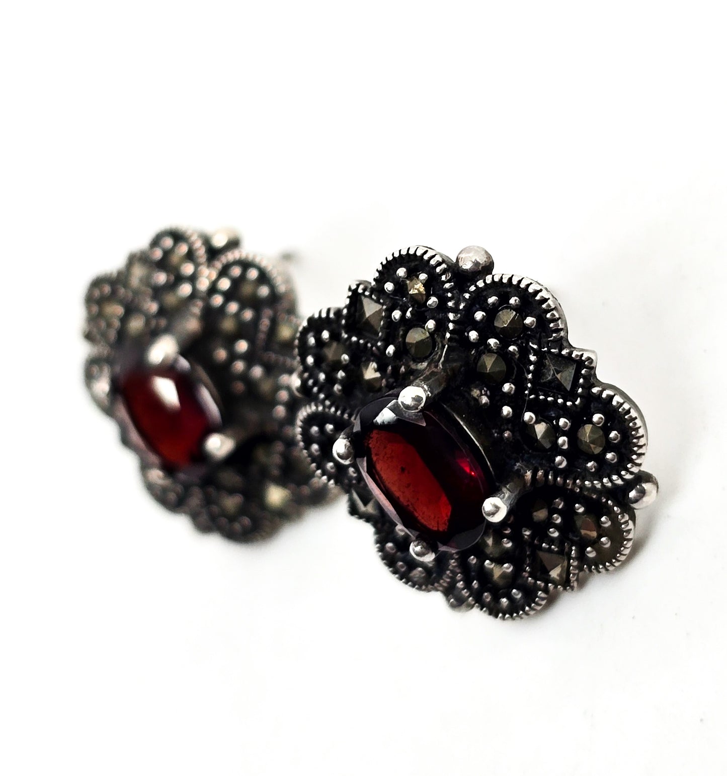 Red Garnet and Marcasite Art Deco style sterling silver post vintage earrings