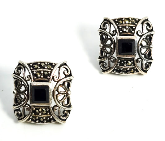 Onyx and marcasite NF flower filigree vintage sterling silver post earrings NF
