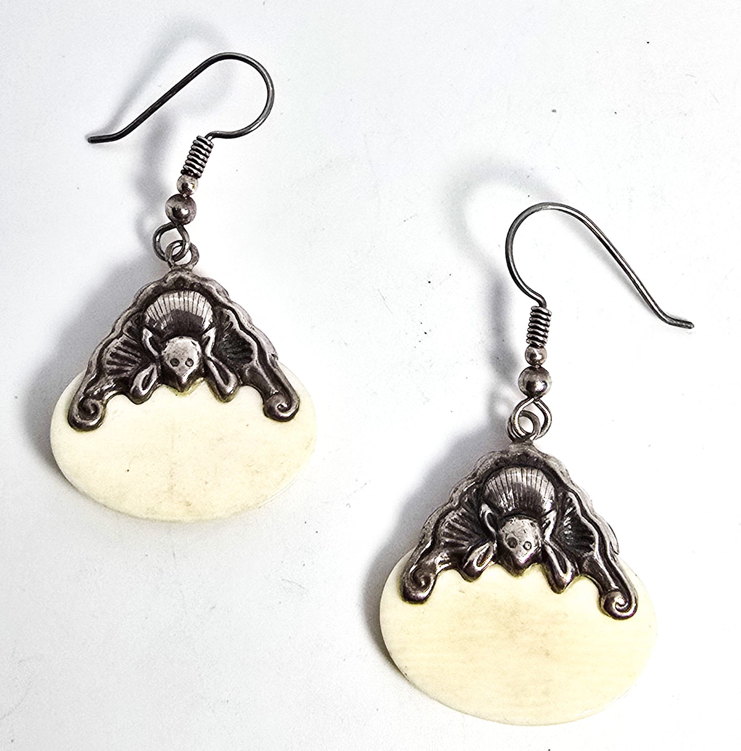 Chinese Export ornate Bat Mother of Pearl MOP sterling silver drop vintage earrings