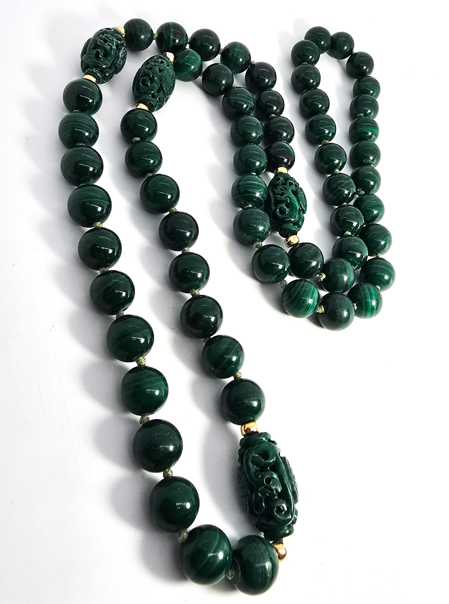 Malachite carved gemstone 14k gold accent vintage 30" beaded vintage necklace