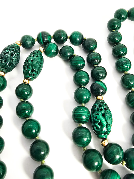 Malachite carved gemstone 14k gold accent vintage 30" beaded vintage necklace