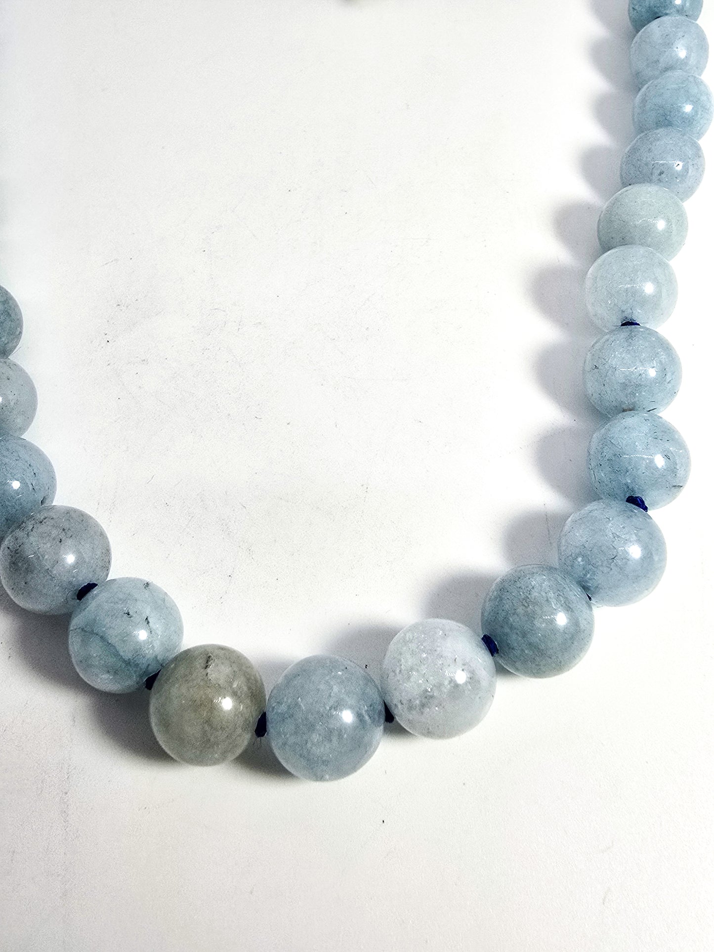 Aquamarine blue gemstone 8mm natural beaded silver toned necklace