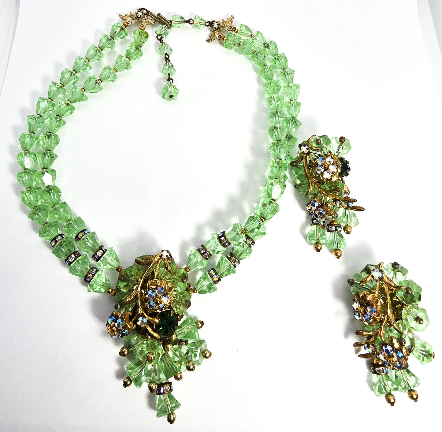 Robert Demario green crystal AB rhinestone flower vintage necklace earrings set demi