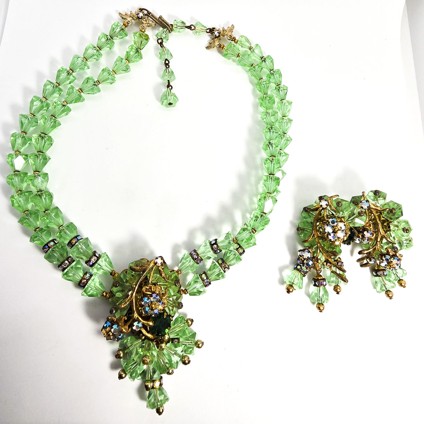 Robert Demario green crystal AB rhinestone flower vintage necklace earrings set demi