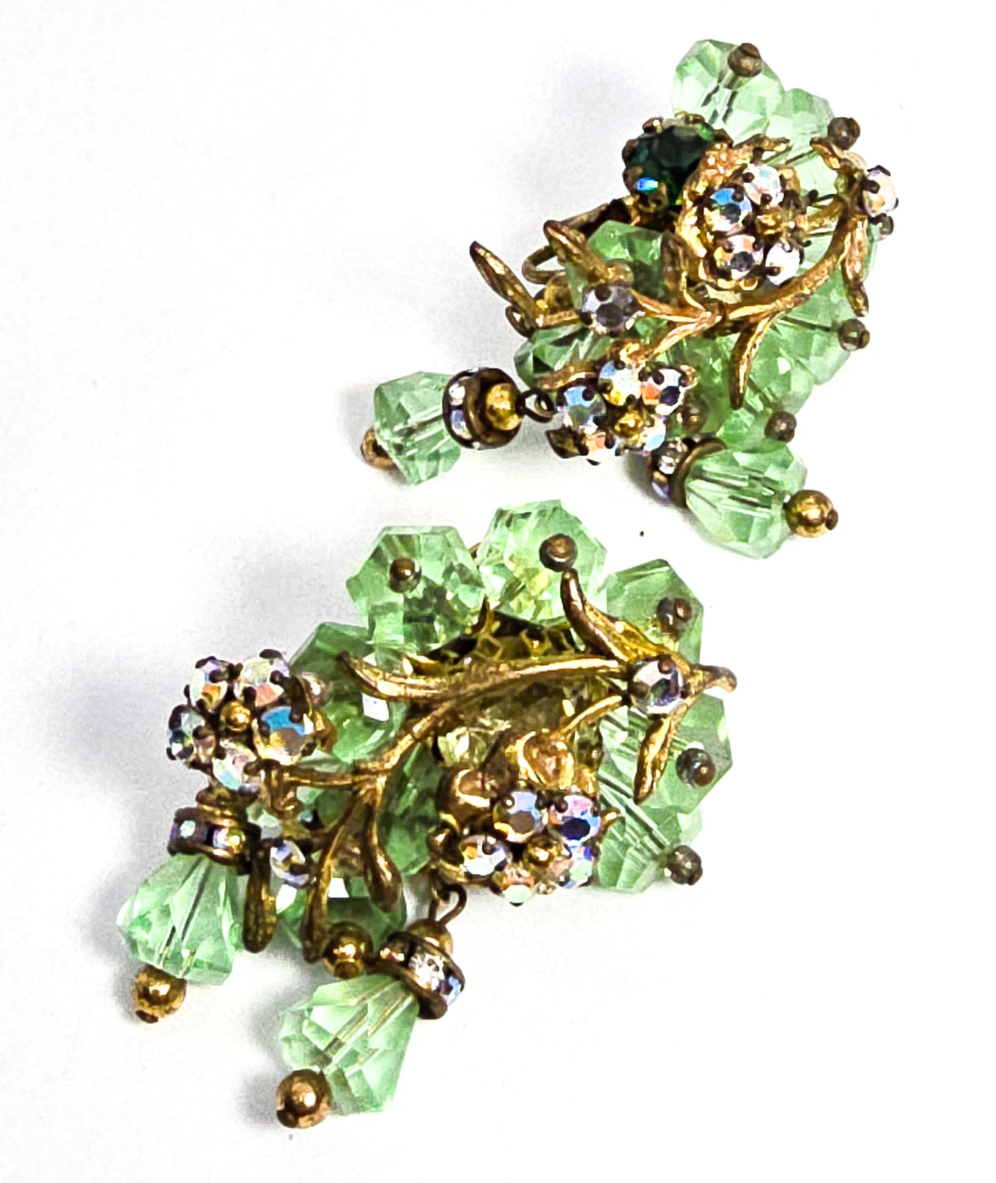 Robert Demario green crystal AB rhinestone flower vintage necklace earrings set demi