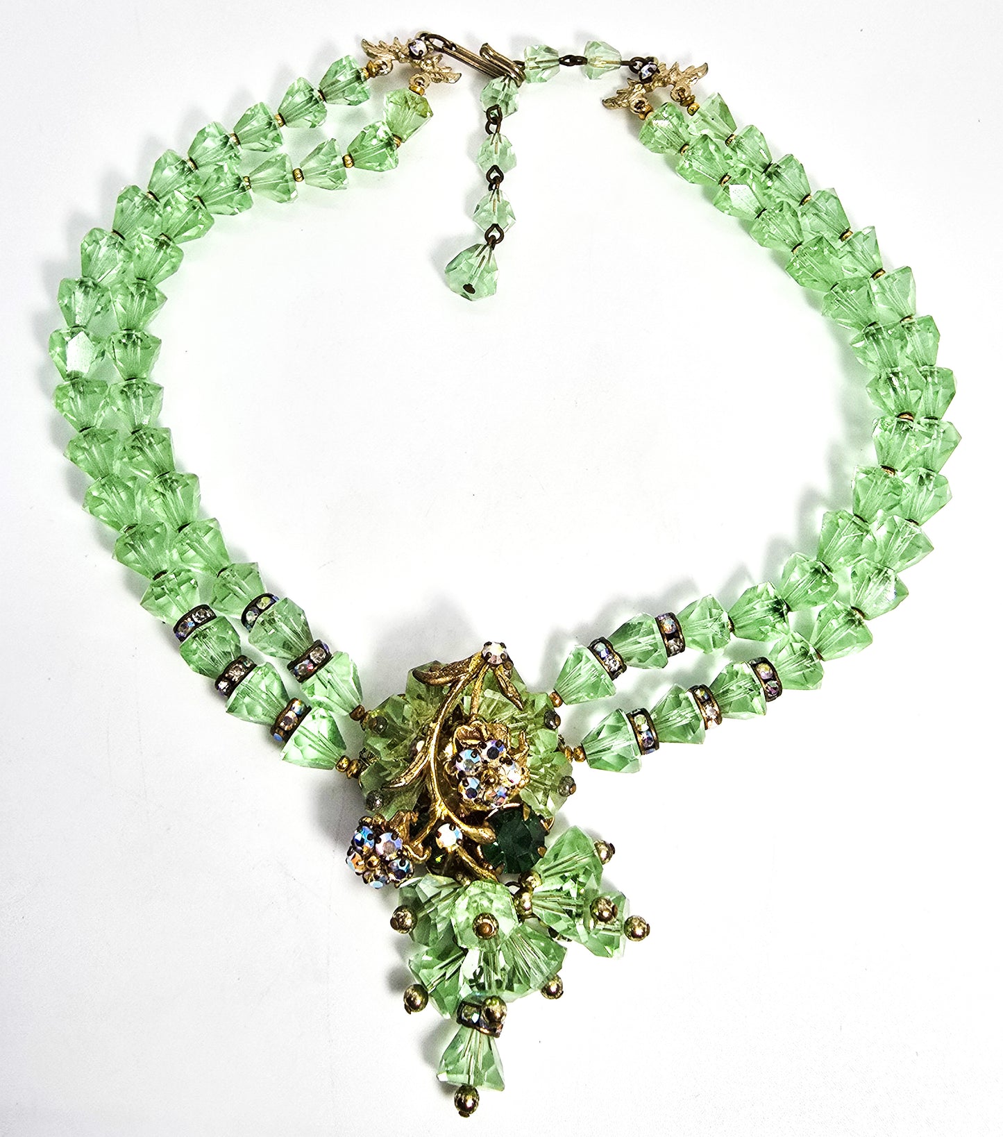 Robert Demario green crystal AB rhinestone flower vintage necklace earrings set demi