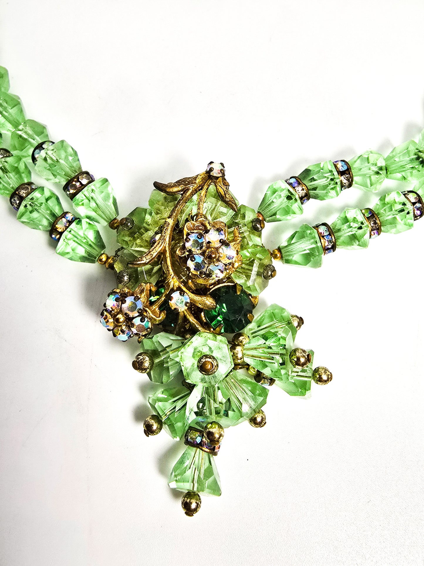 Robert Demario green crystal AB rhinestone flower vintage necklace earrings set demi