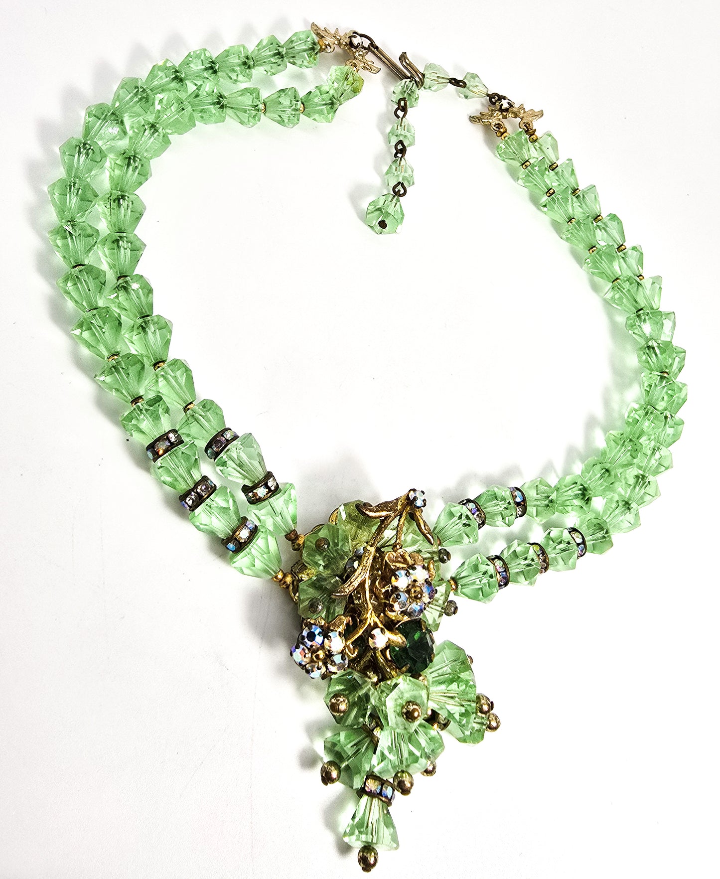 Robert Demario green crystal AB rhinestone flower vintage necklace earrings set demi