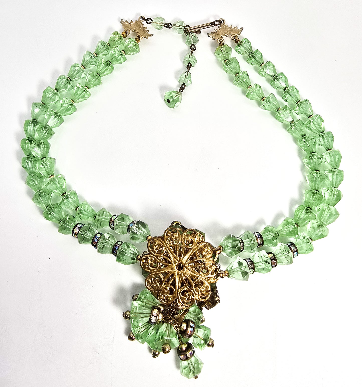 Robert Demario green crystal AB rhinestone flower vintage necklace earrings set demi