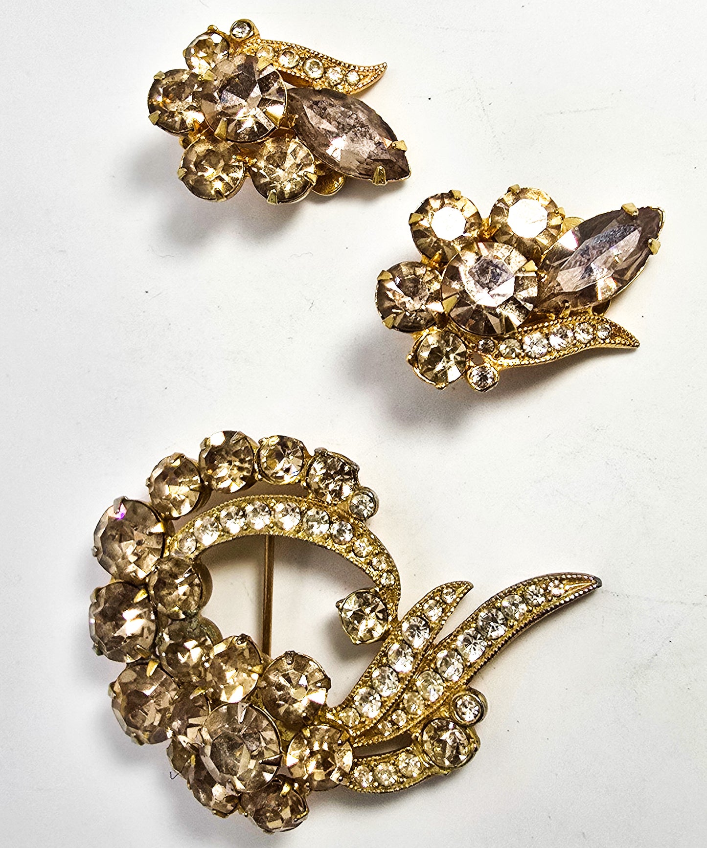 Eisenberg Champagne Rhinestone Brooch and earrings signed vintage demi parure set