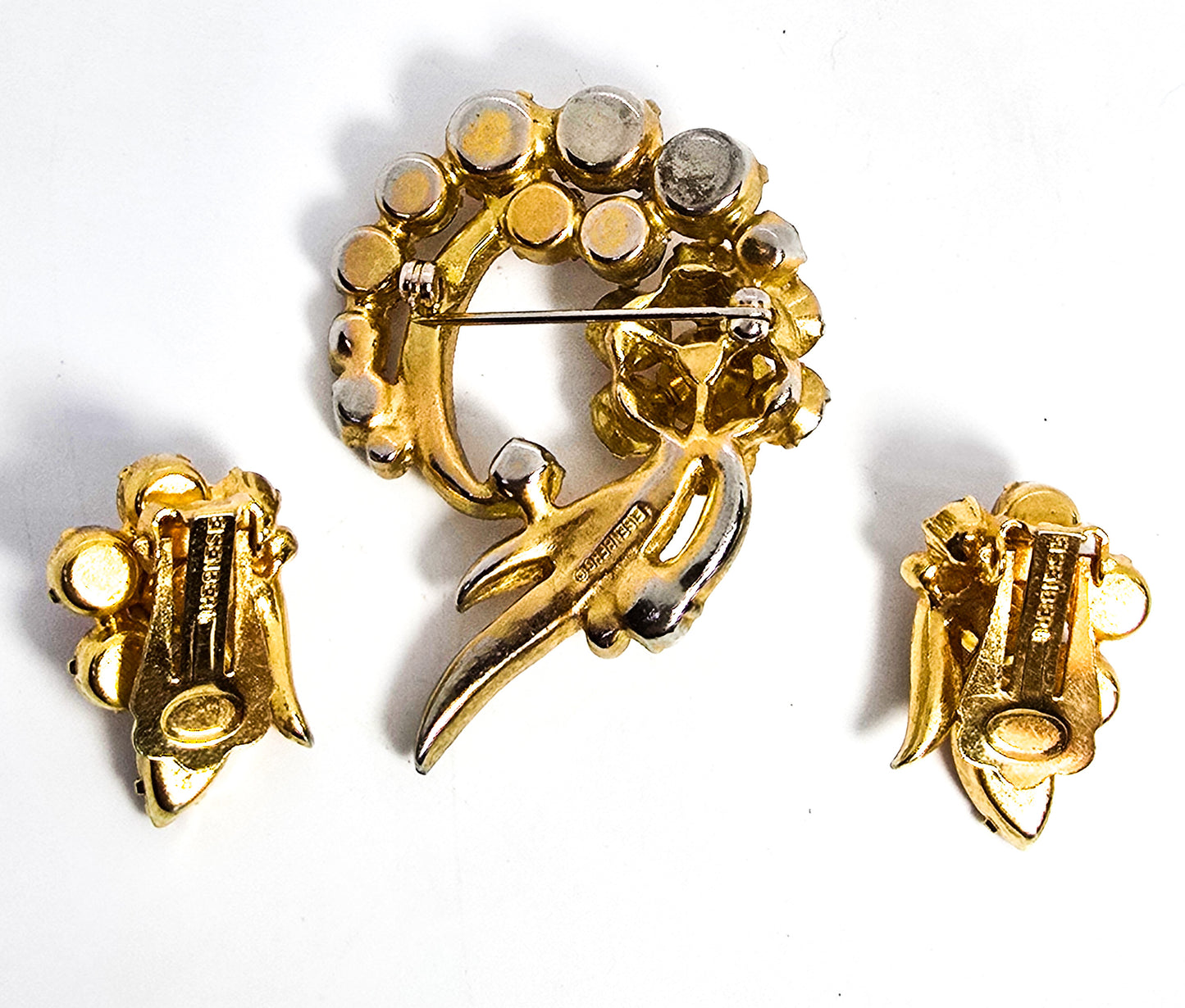Eisenberg Champagne Rhinestone Brooch and earrings signed vintage demi parure set