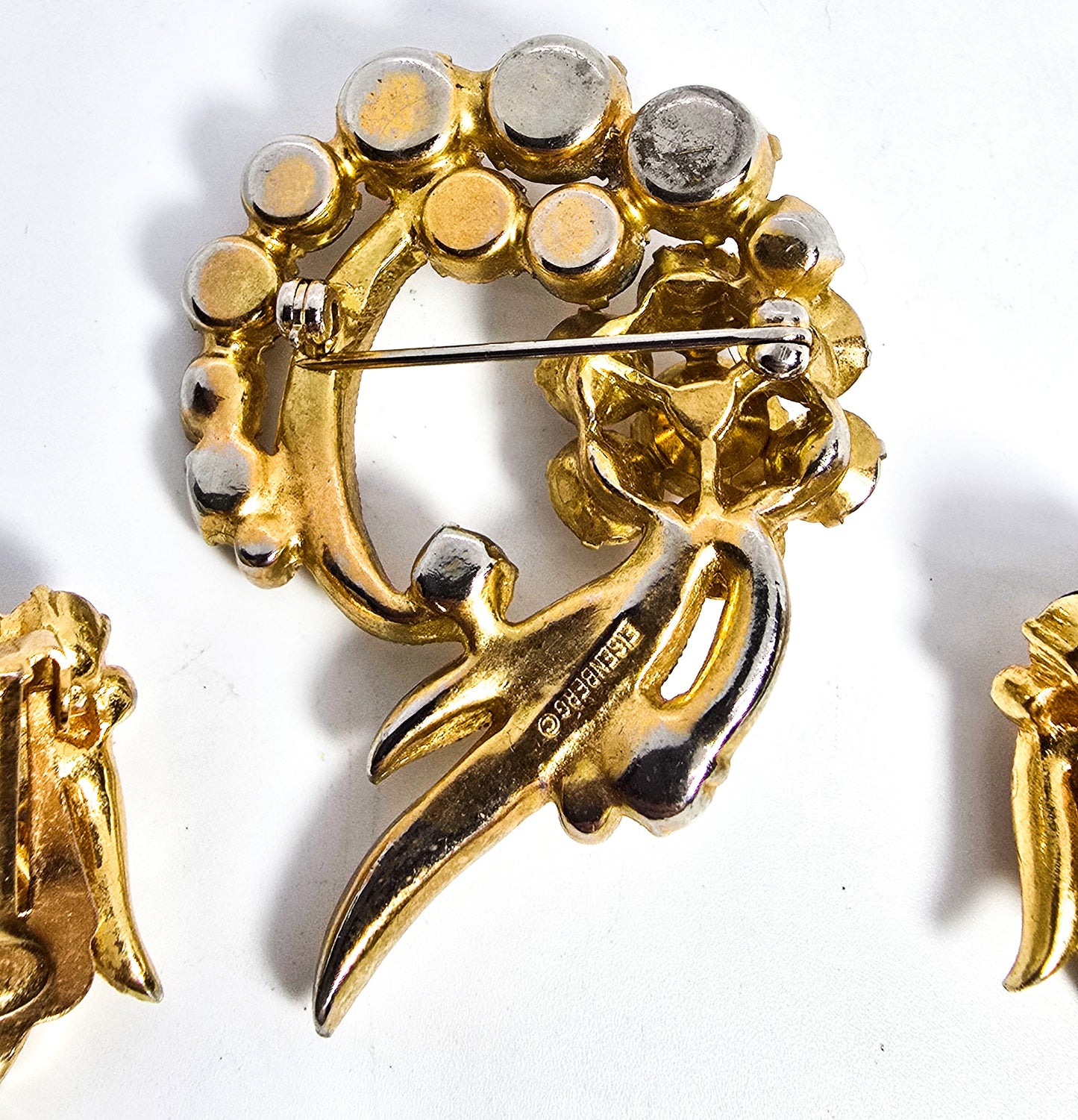 Eisenberg Champagne Rhinestone Brooch and earrings signed vintage demi parure set
