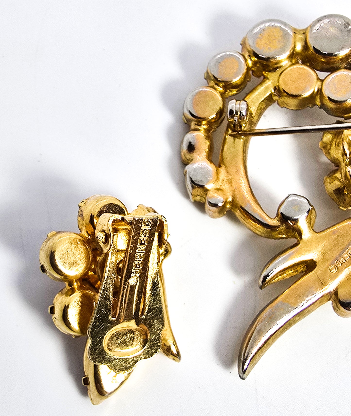 Eisenberg Champagne Rhinestone Brooch and earrings signed vintage demi parure set