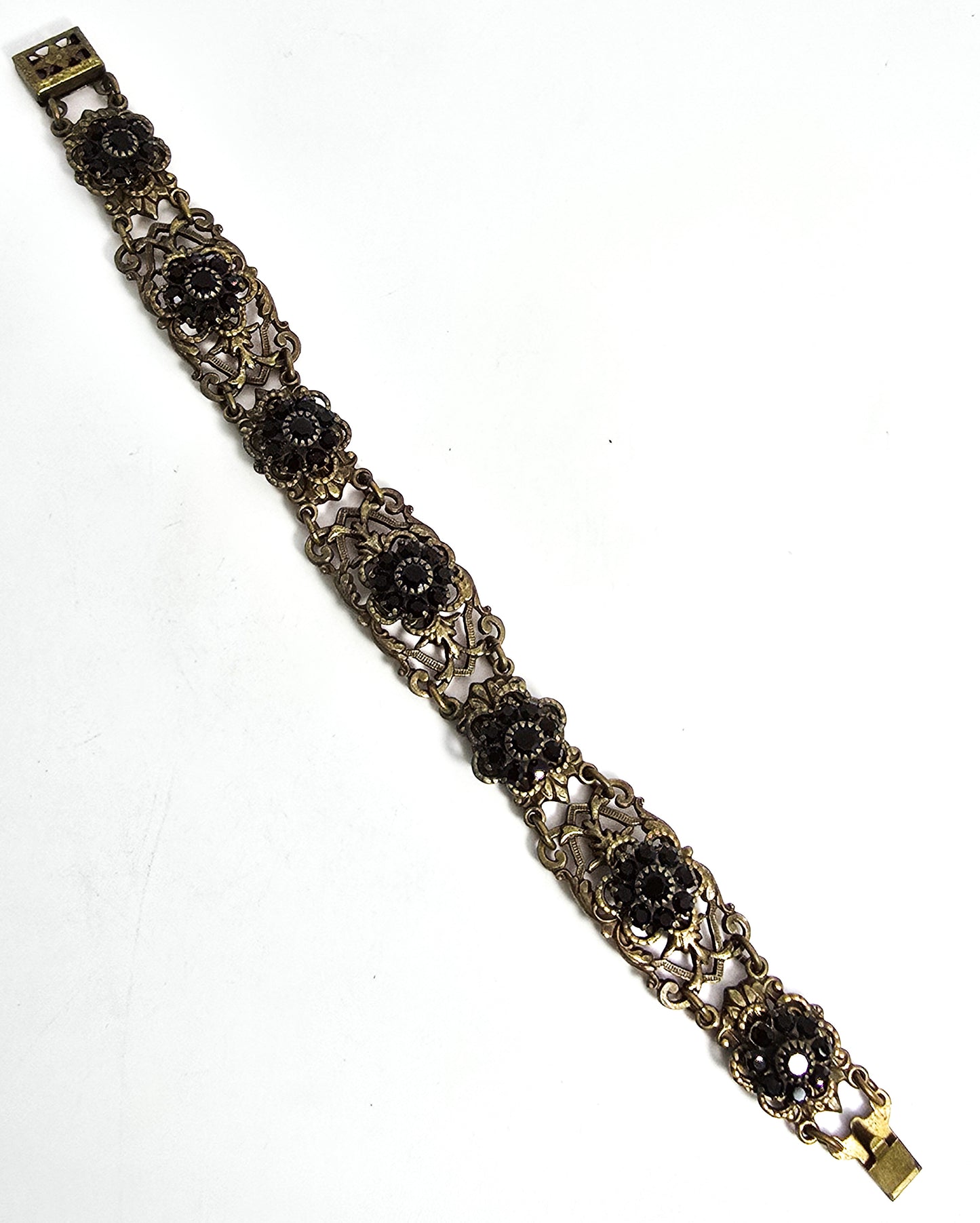 Black rhinestone flower mid century vintage brass rhinestone bracelet