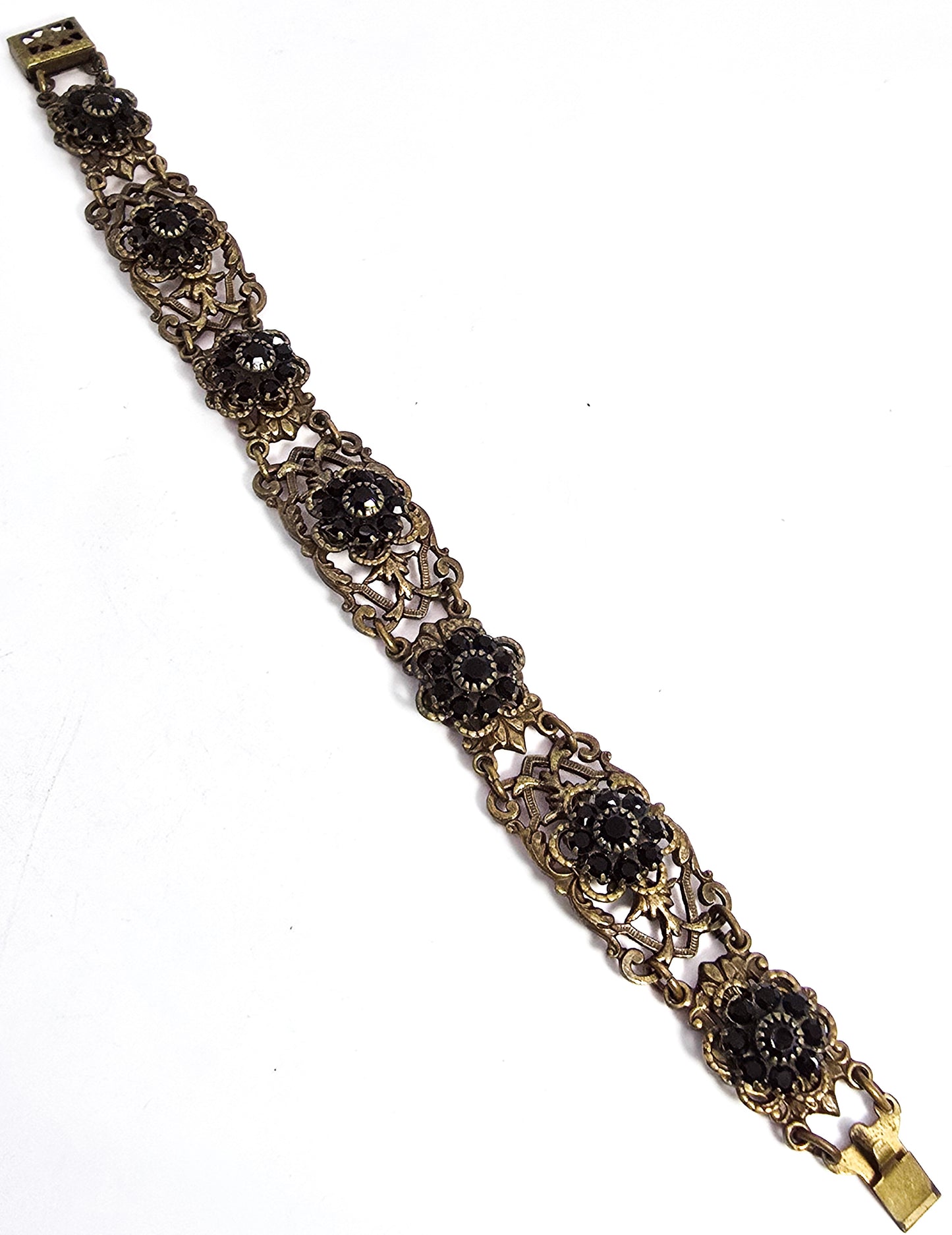 Black rhinestone flower mid century vintage brass rhinestone bracelet