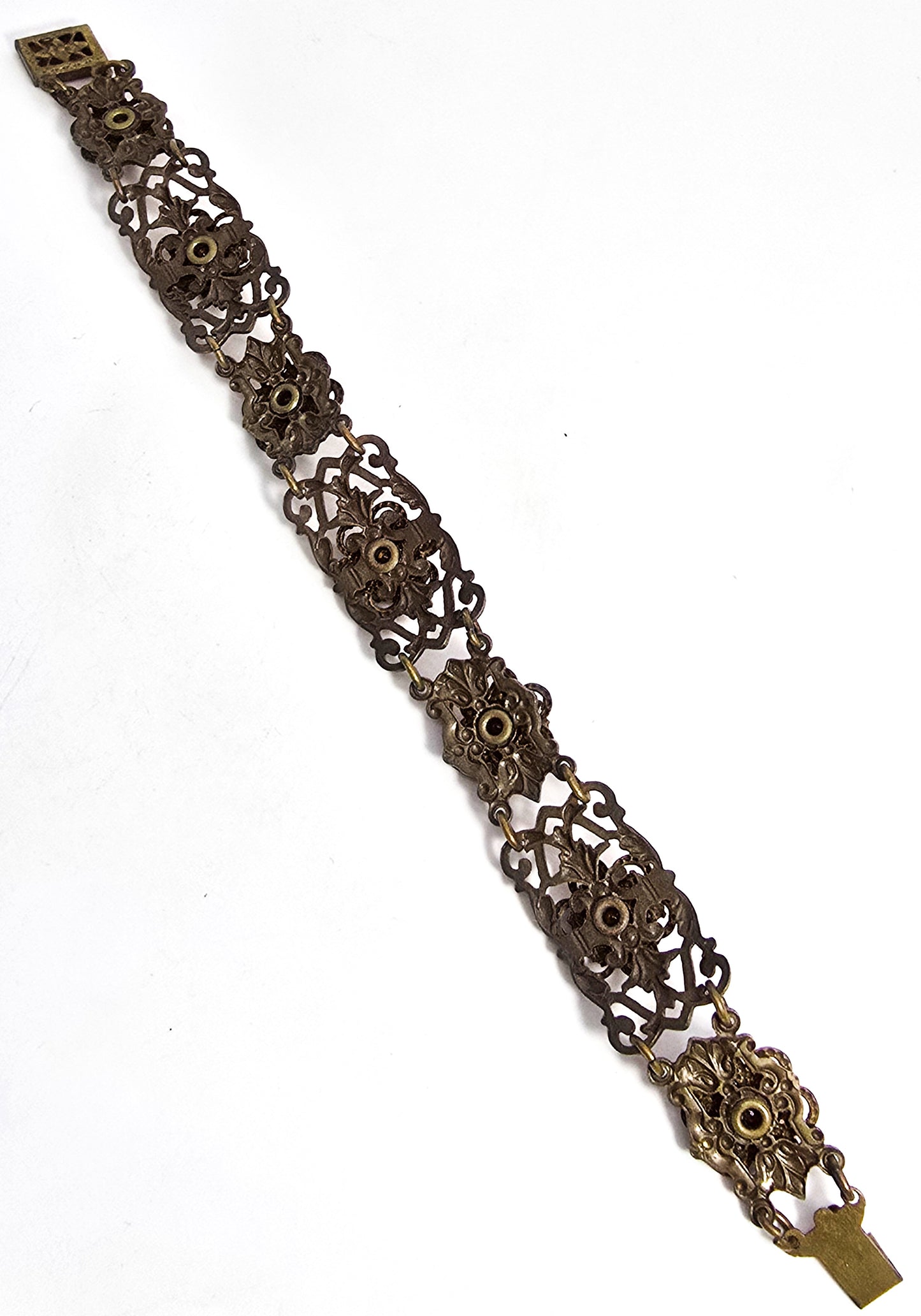 Black rhinestone flower mid century vintage brass rhinestone bracelet