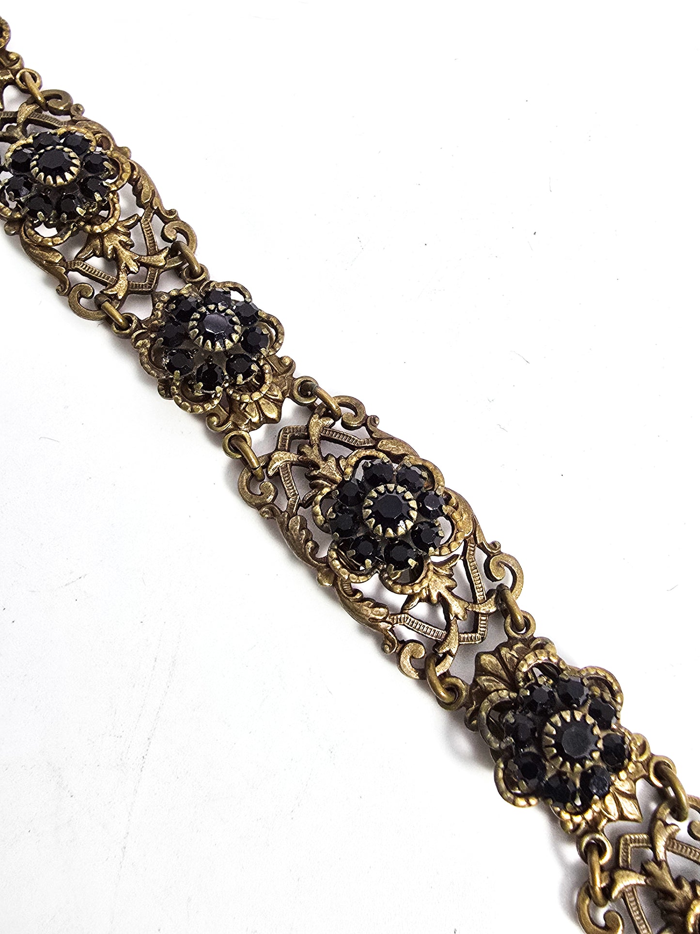 Black rhinestone flower mid century vintage brass rhinestone bracelet