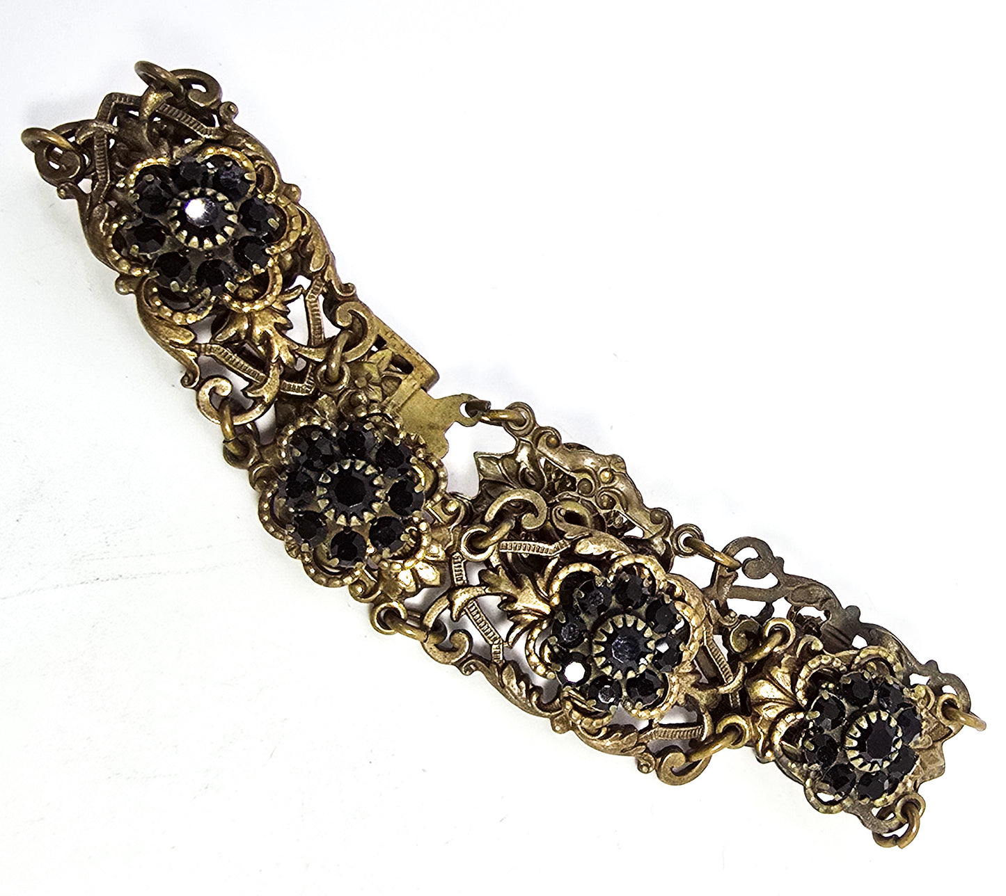 Black rhinestone flower mid century vintage brass rhinestone bracelet