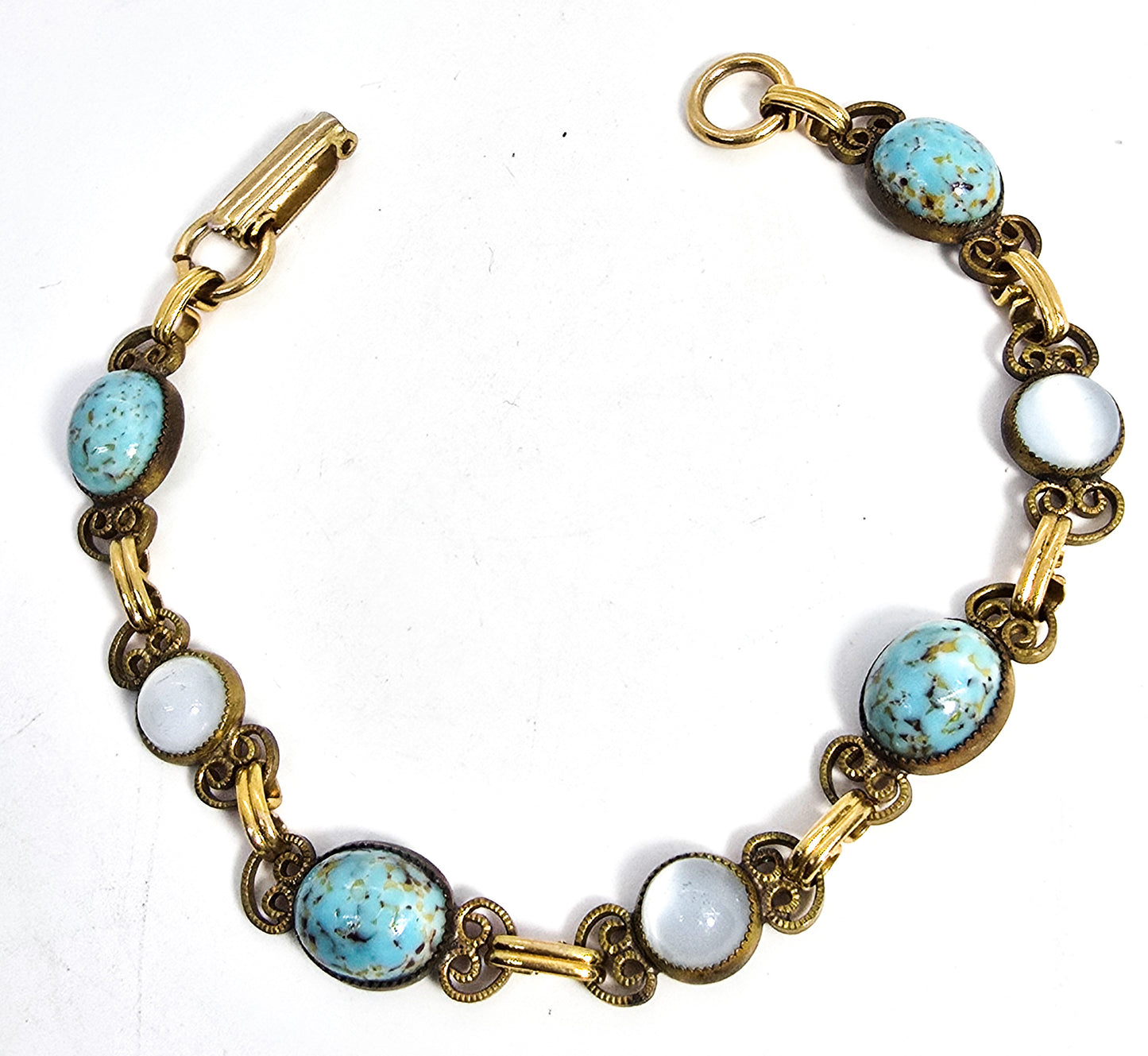 Robin's egg blue glass white cat's eye gold toned vintage mid century bracelet