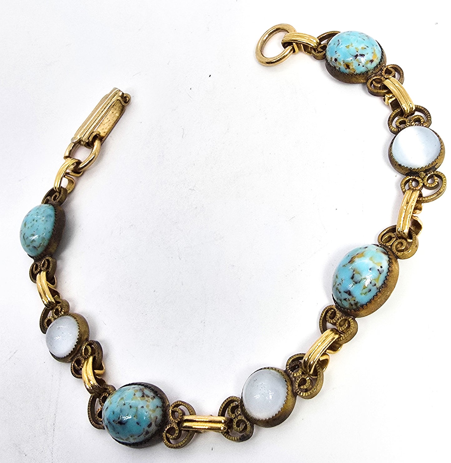 Robin's egg blue glass white cat's eye gold toned vintage mid century bracelet