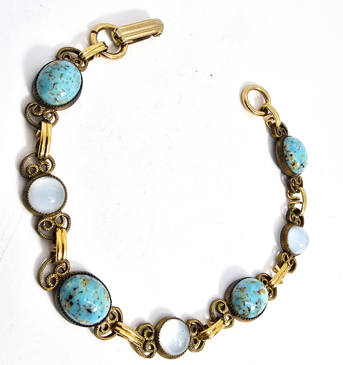 Robin's egg blue glass white cat's eye gold toned vintage mid century bracelet