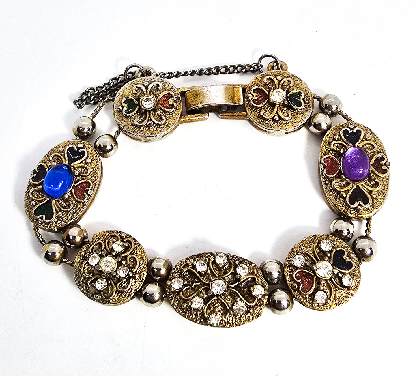 Victorian revival vintage enamel heart rhinestone slider bracelet
