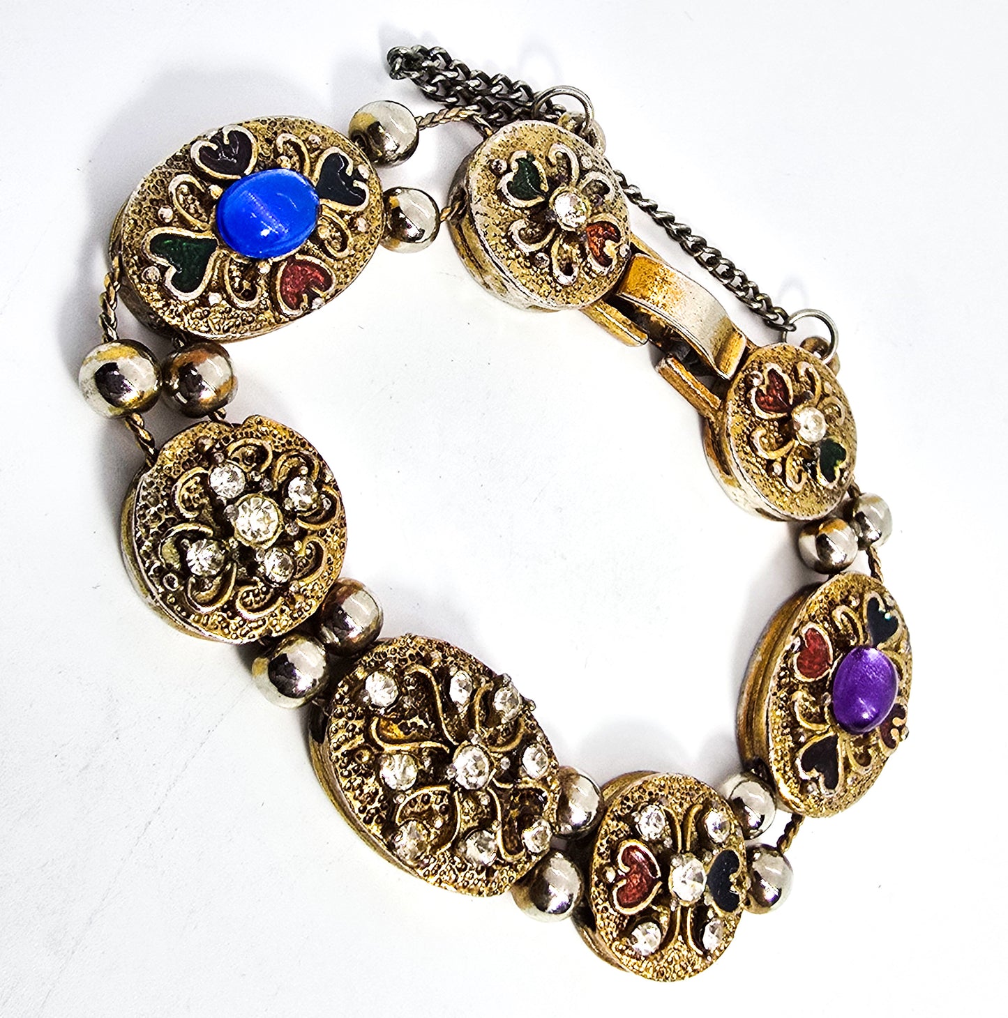 Victorian revival vintage enamel heart rhinestone slider bracelet