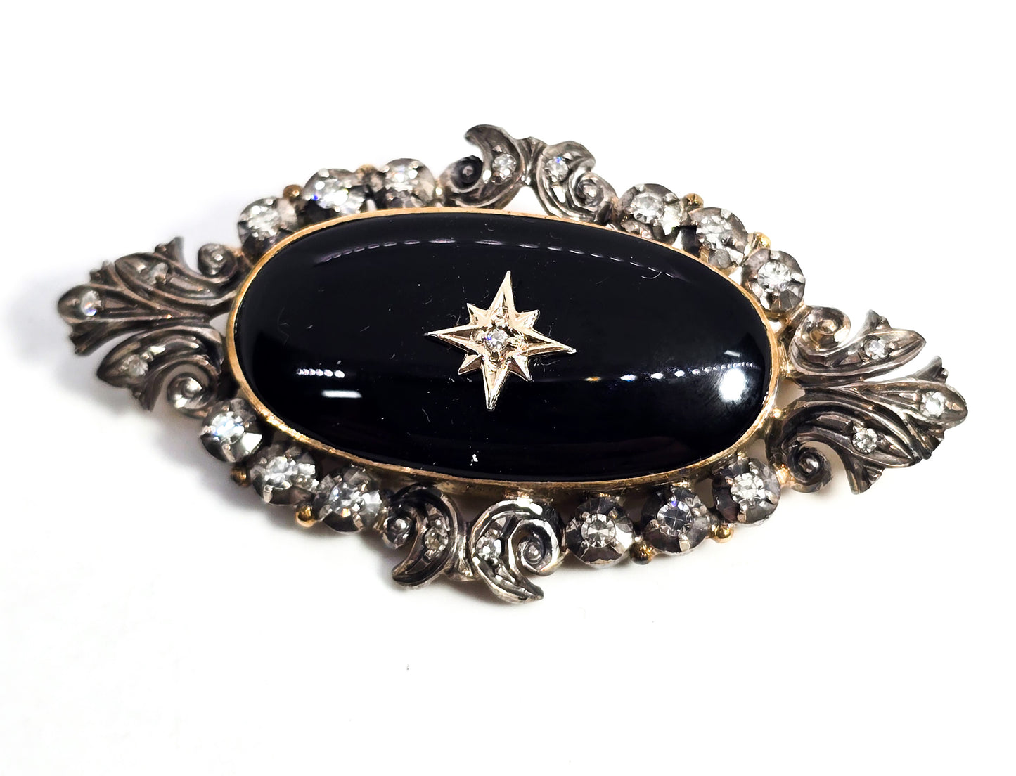 Momento Mori diamond and onyx antique vermeil sterling silver mourning brooch pin