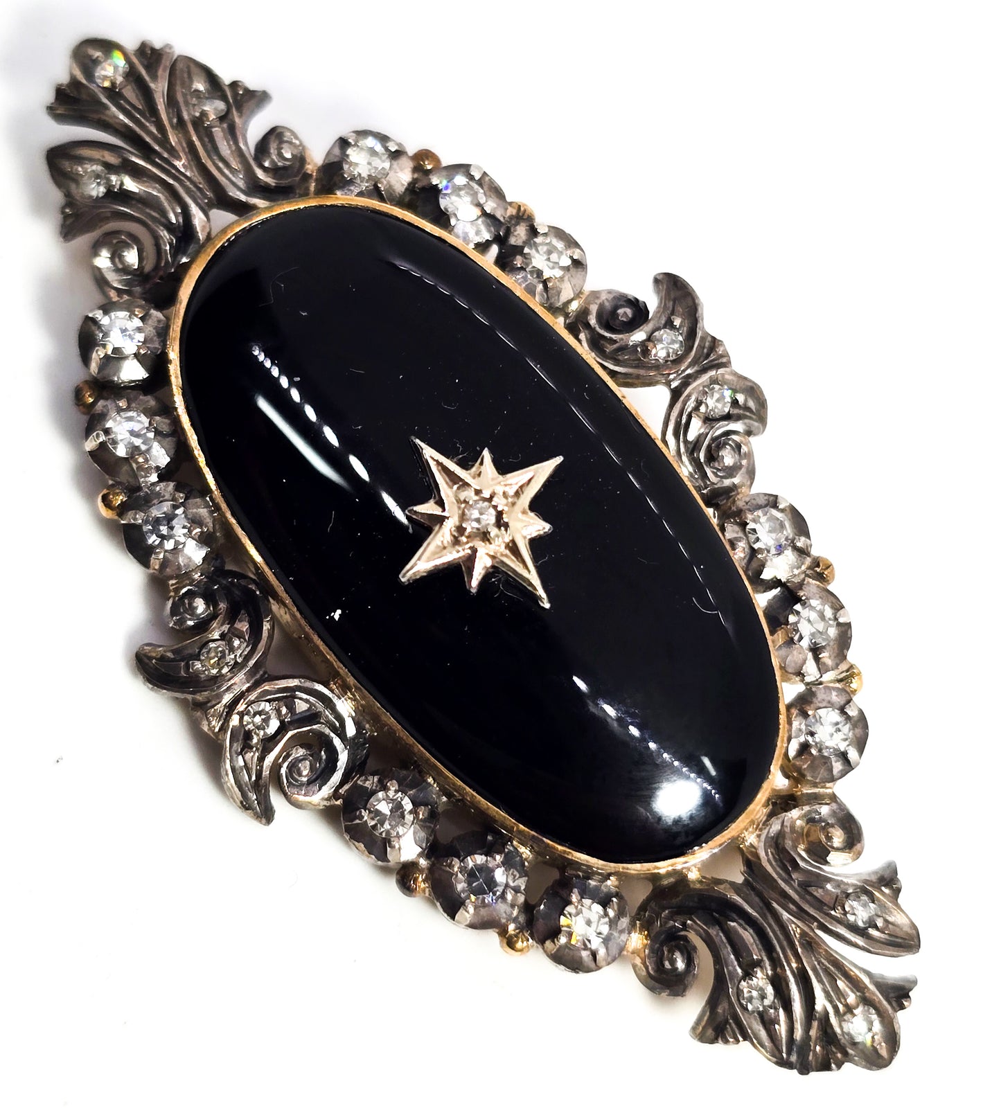 Momento Mori diamond and onyx antique vermeil sterling silver mourning brooch pin