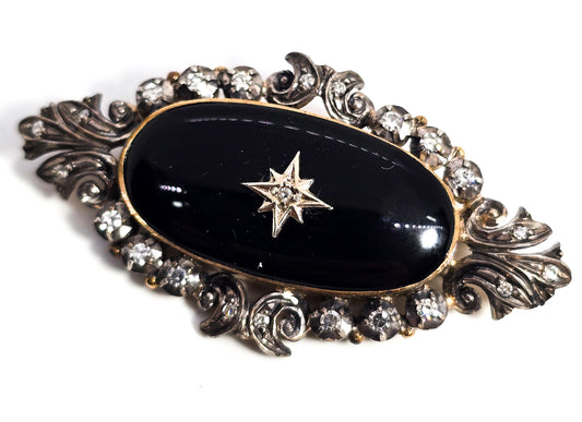 Momento Mori diamond and onyx antique vermeil sterling silver mourning brooch pin