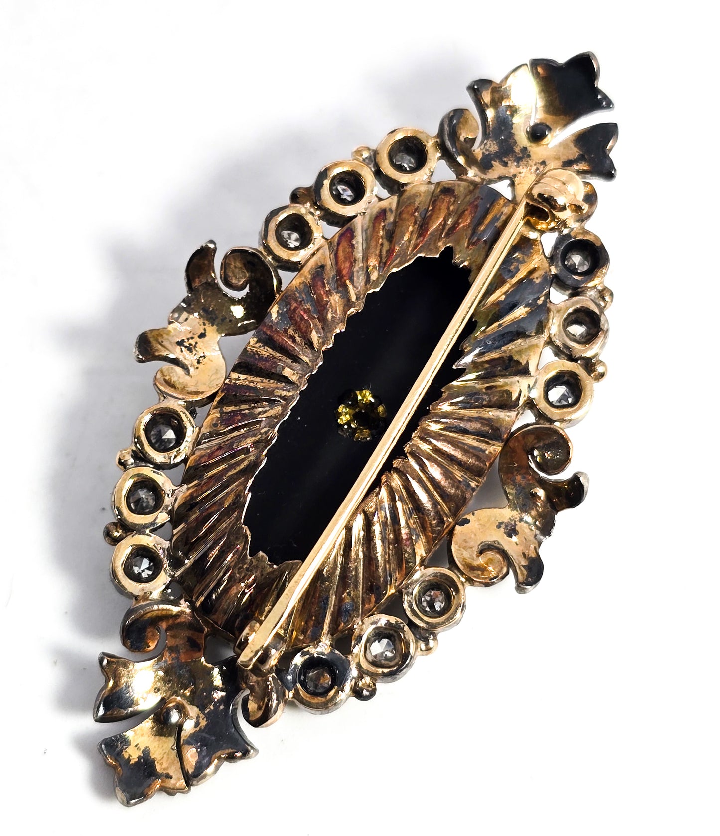 Momento Mori diamond and onyx antique vermeil sterling silver mourning brooch pin