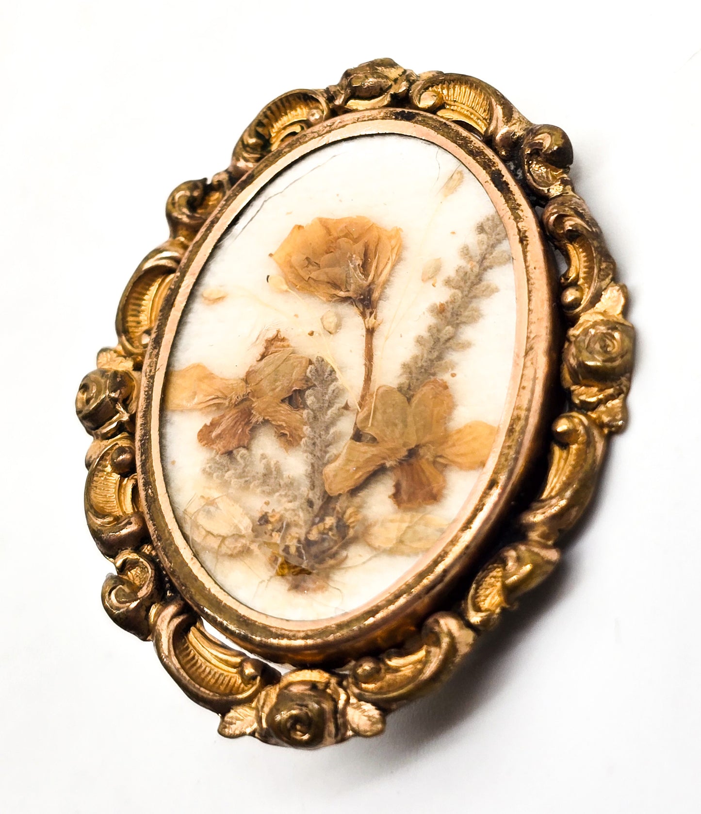 Memento Mori dried flower gold filled antique Mourning jewelry brooch