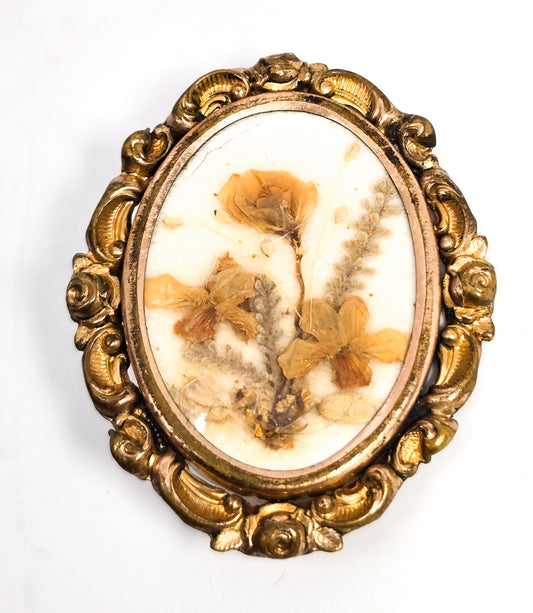 Memento Mori dried flower gold filled antique Mourning jewelry brooch