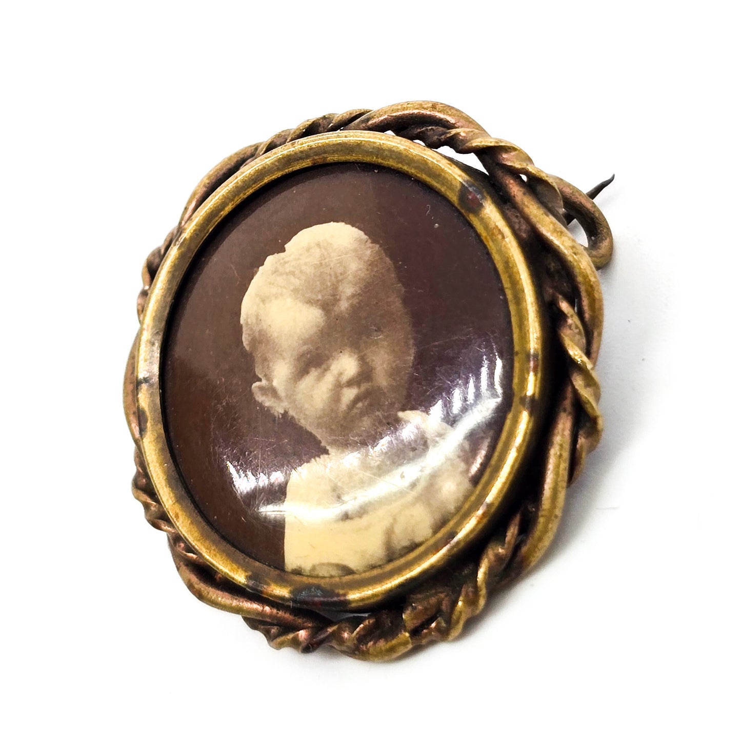 Victorian Memento Mori Tin Baby Child children antique Mourning brooch pin