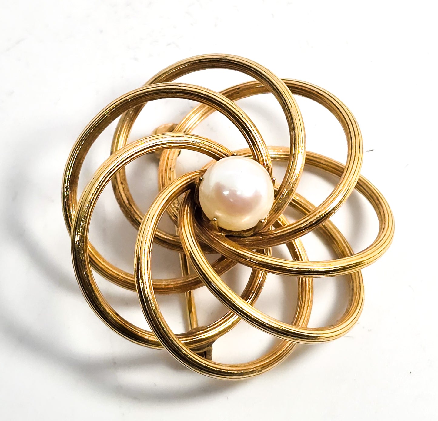 Anson Pearl 12k GF gold filled vintage atomic swirl brooch
