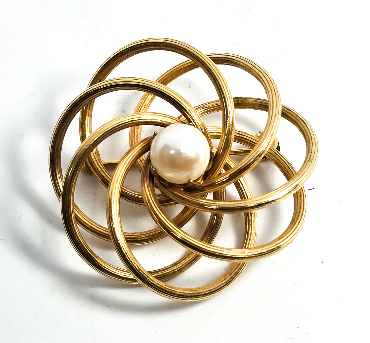 Anson Pearl 12k GF gold filled vintage atomic swirl brooch