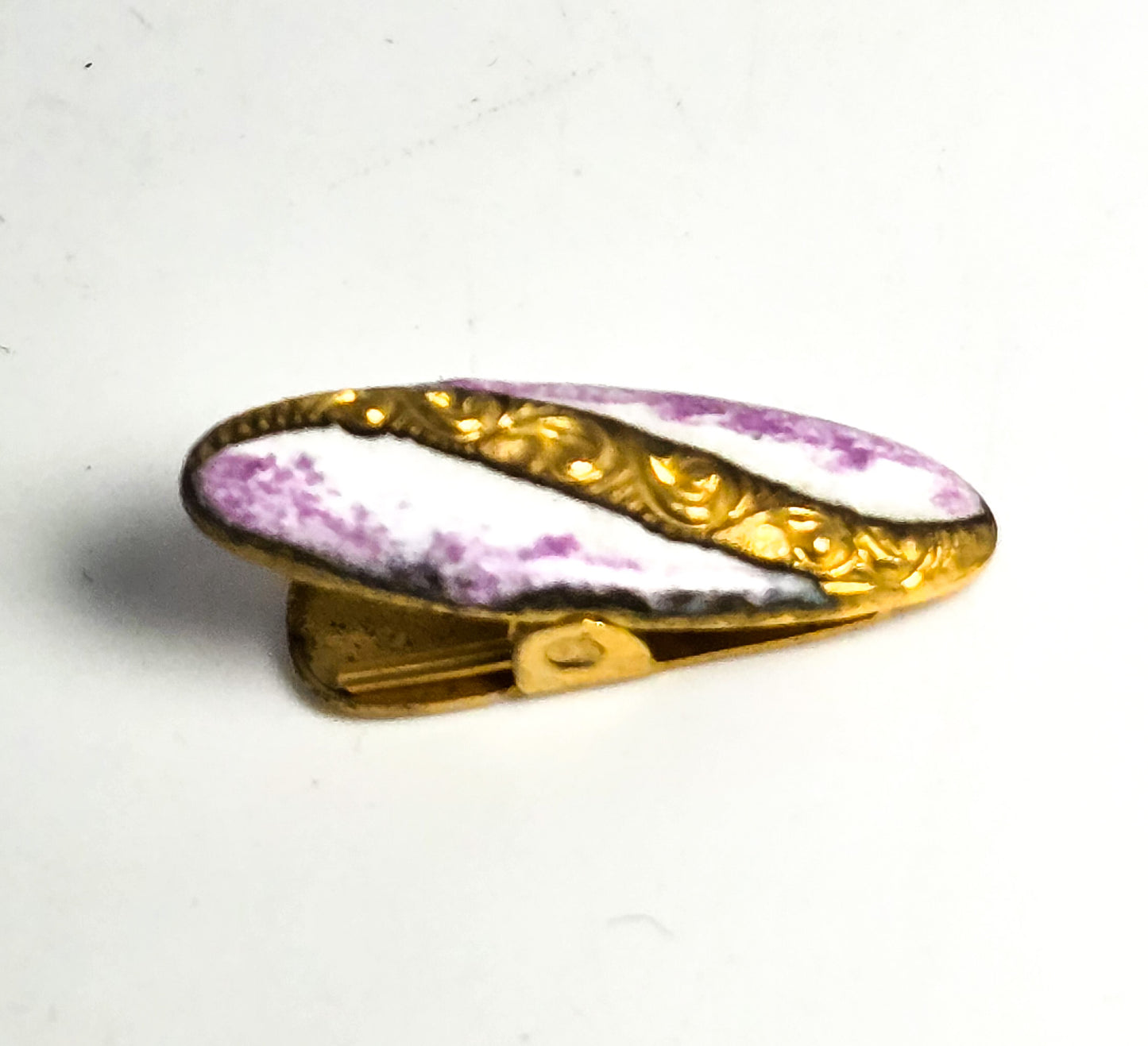 Art Deco small Guilloche enamel purple white gold filled antique lingerie clip