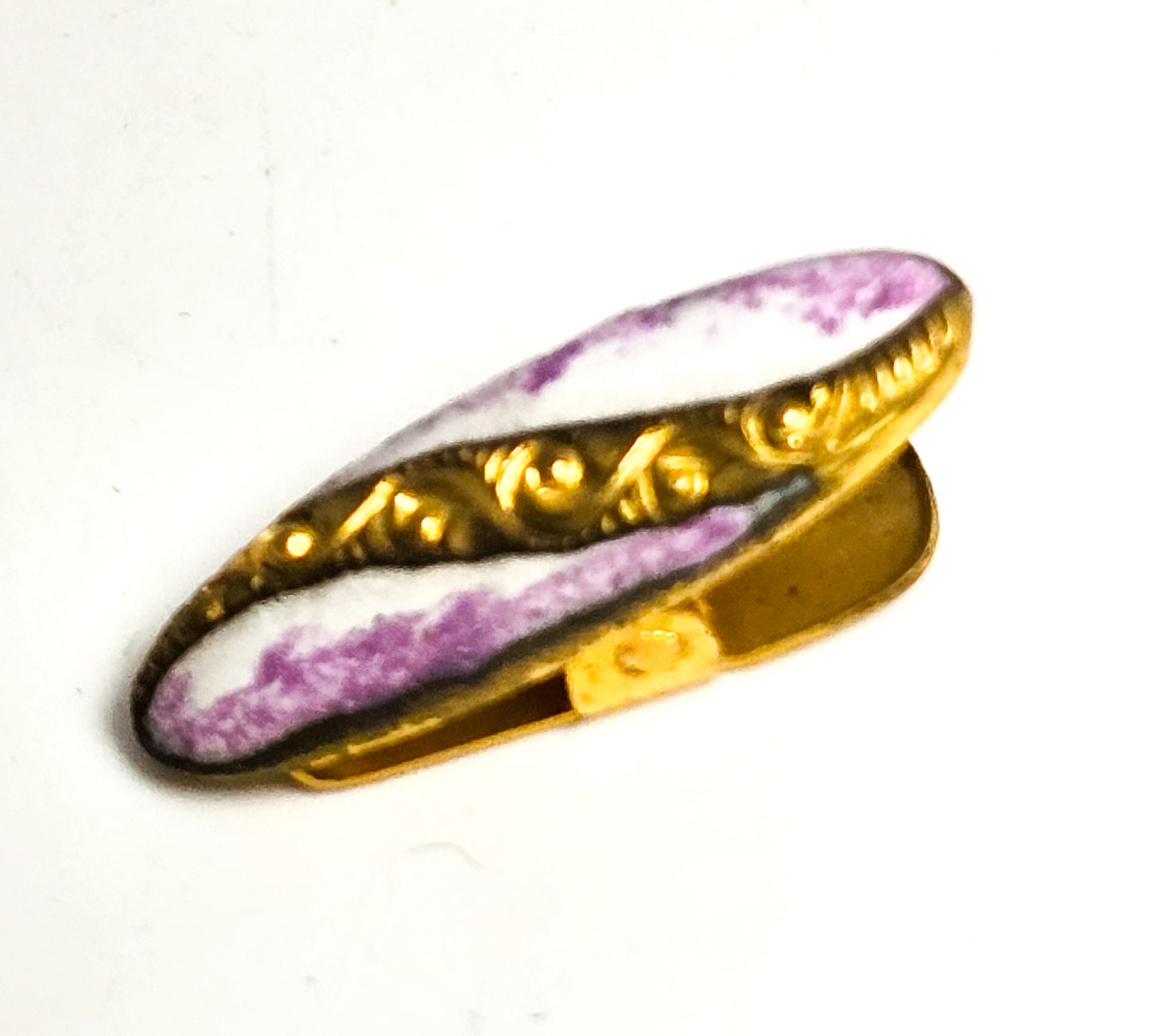 Art Deco small Guilloche enamel purple white gold filled antique lingerie clip