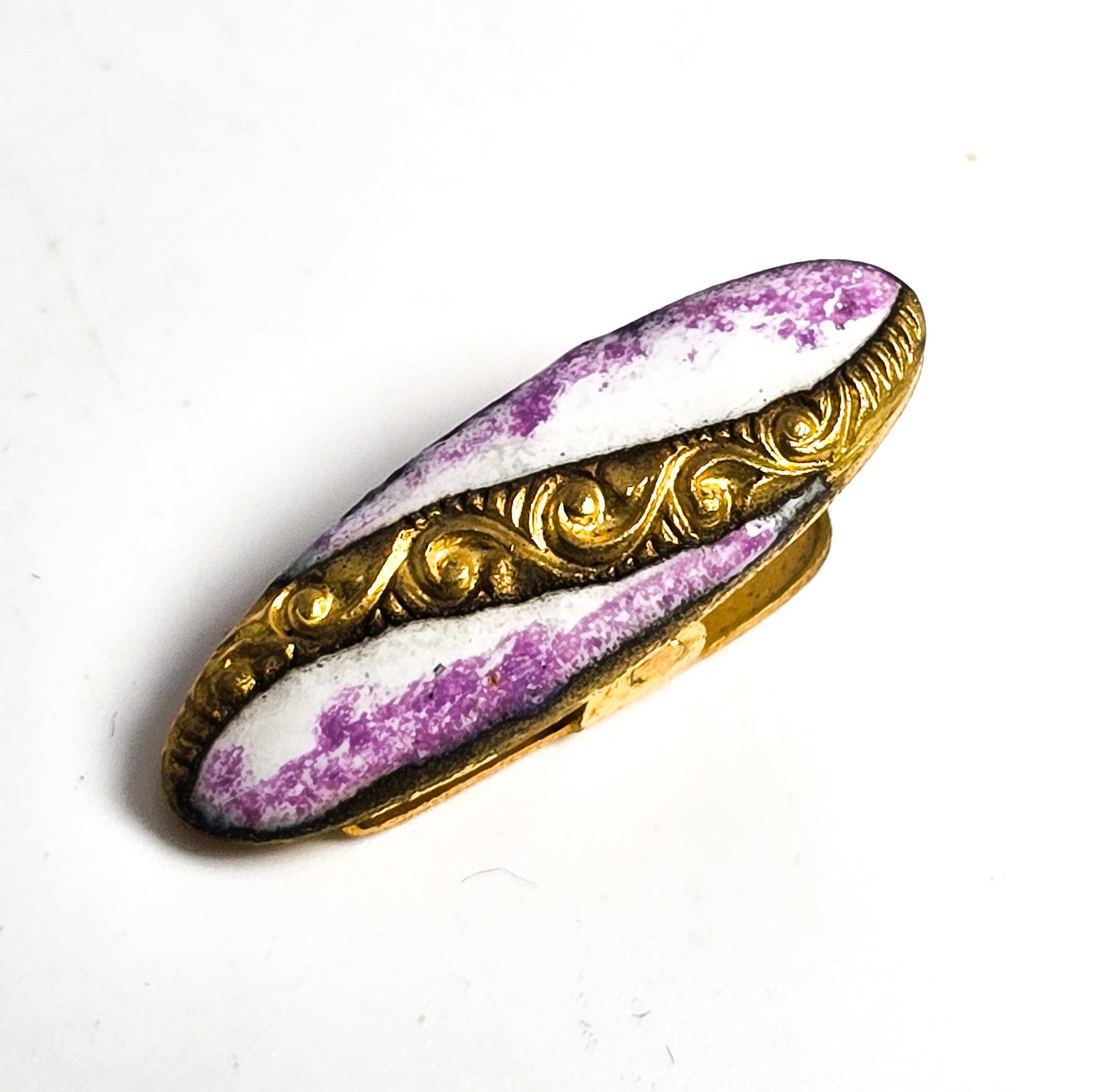 Art Deco small Guilloche enamel purple white gold filled antique lingerie clip