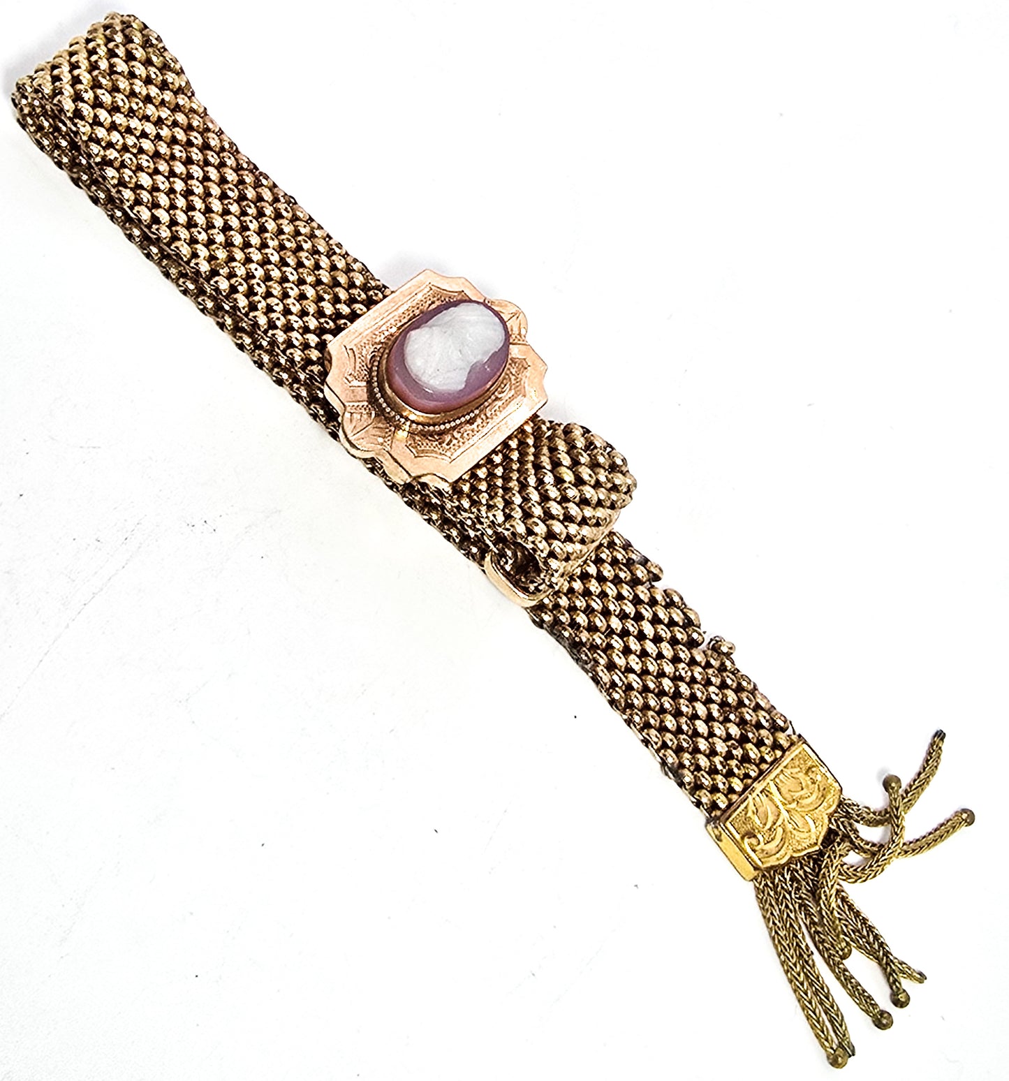 Victorian Sardonyx stone cameo antique mesh gold filled slider tassel bracelet